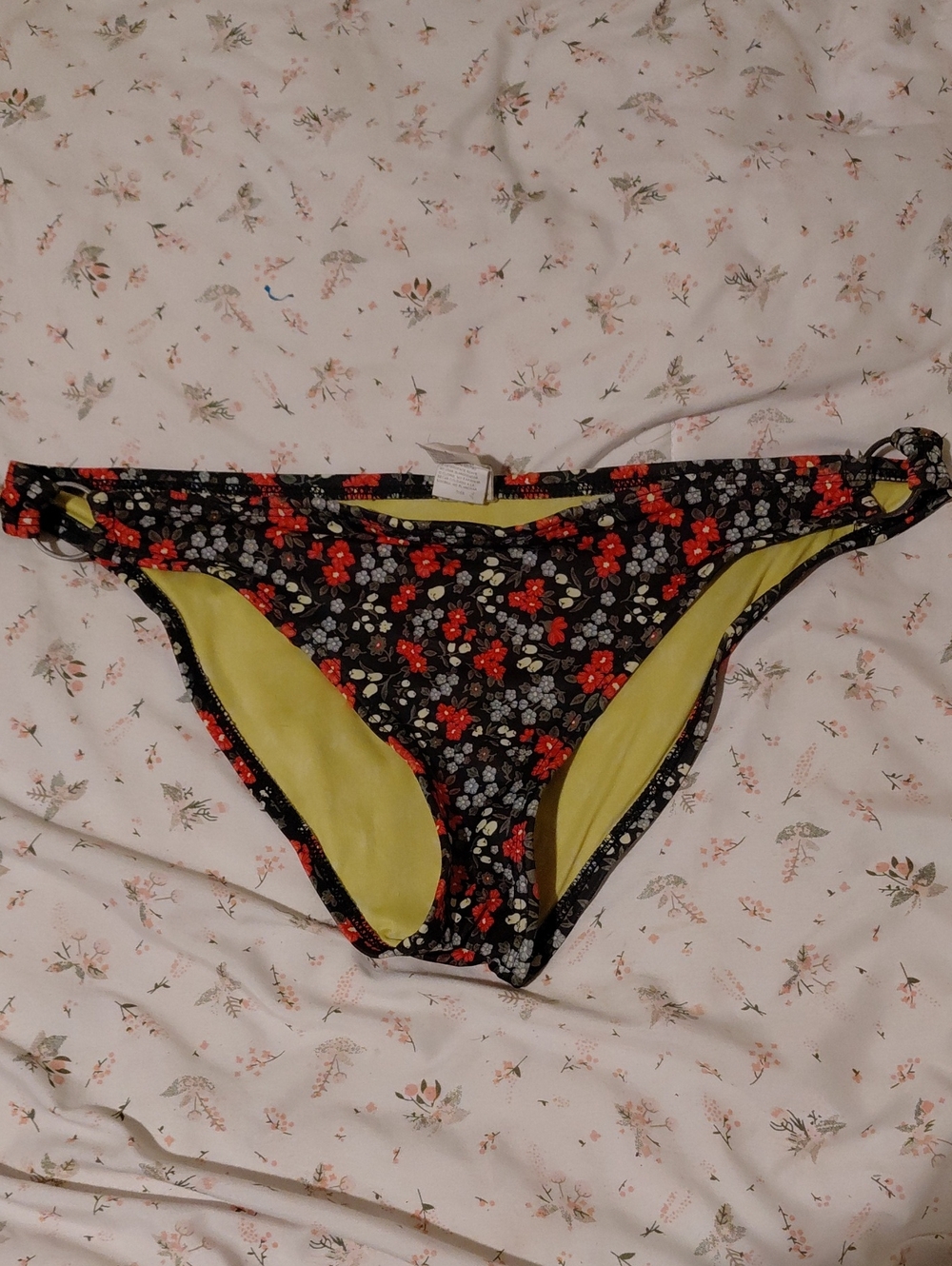 Hurley Black Floral Bikini Bottoms with Yellow Lining